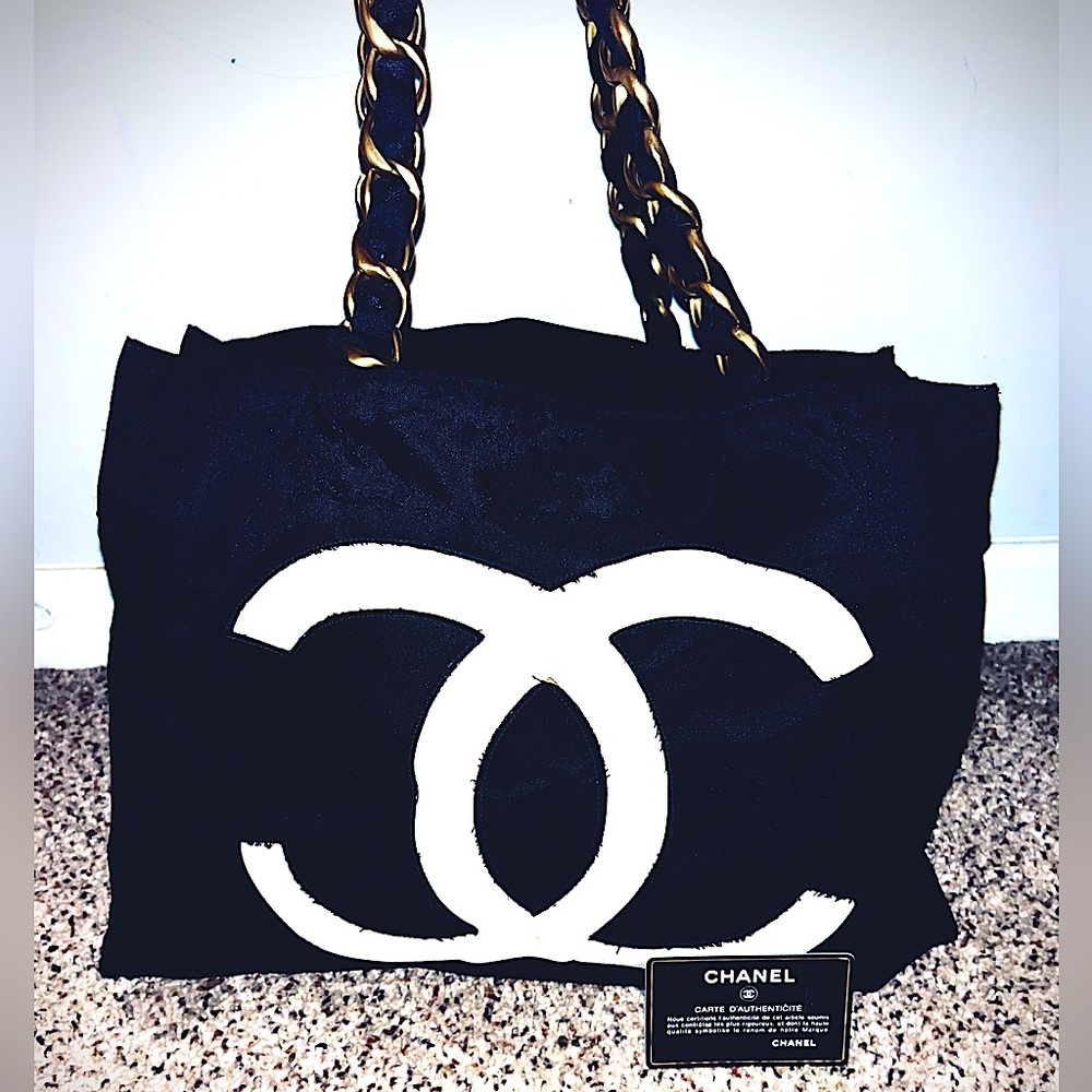 Authentic CHANEL Vintage 1991 Black Nylon CC Logo Tote Bag w/ Gold Chain Straps